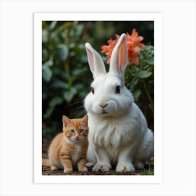 Cute Rabbit And Kitten 1 Art Print