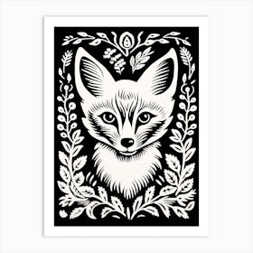 Linocut Fox Illustration Black 11 Art Print