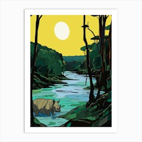 A Rhino Coming Out Of The River In The Sun 1 Art Print