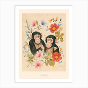 Folksy Floral Animal Drawing Chimpanzee 4 Poster Art Print