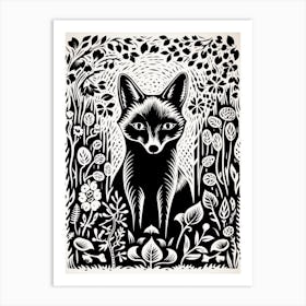 Fox In The Forest Linocut White Illustration 3 Art Print