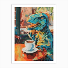 Dinosaur Drinking Coffee Blue Orange Brushstroke 2 Art Print