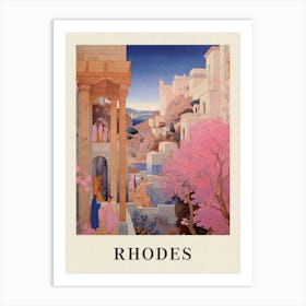 Rhodes Greece 4 Vintage Pink Travel Illustration Poster Art Print