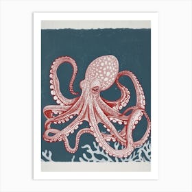 Detailed Red & Navy Linocut Octopus 1 Art Print