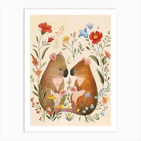 Folksy Floral Animal Drawing Wombat Art Print