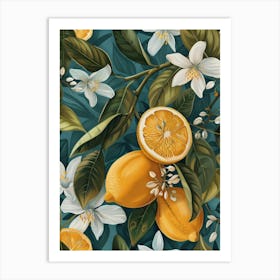 Seamless Pattern With Lemons And Flowers Art Print