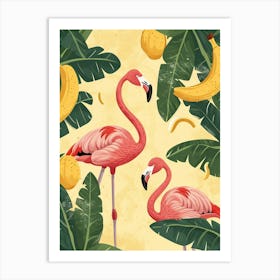 Lesser Flamingo And Banana Plants Minimalist Illustration 2 Art Print