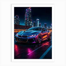 Cyberpunk BMW in a neon city. A racing supercar with futuristic design, night speed, and synthwave aesthetic. Art Print