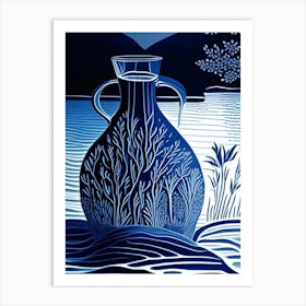 Water In Glass Jug Waterscape Linocut 1 Art Print