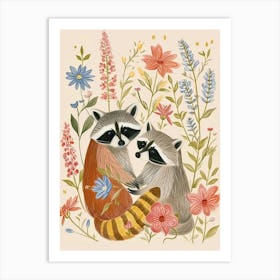 Folksy Floral Animal Drawing Racoon 2 Art Print