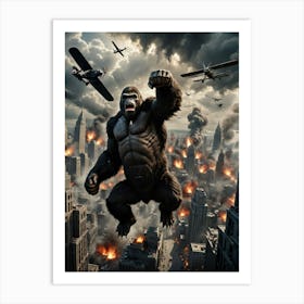 Biplane Blitz: The Giant Gorilla’s Ultimate Showdown Above the City Art Print