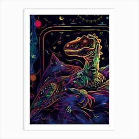 Neon Dinosaur Line Illustration Relaxing 2 Art Print