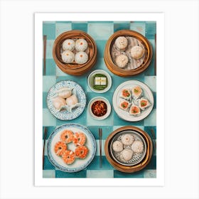 Dim Sum Selection Blue Checkered 1 Art Print