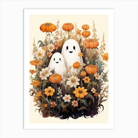 Cute Bedsheet Ghost, Botanical Halloween Watercolour 69 Art Print