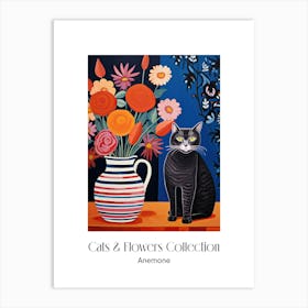 Cats & Flowers Collection Anemone Flower Vase And A Cat, A Painting In The Style Of Matisse 2 Art Print