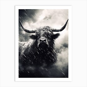 Black & White Illustration Of Highland Cow In The Rain Art Print