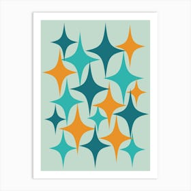 Mid Century Modern Atomic Starburst Aqua, Teal, Orange Art Print