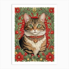 William Morris Style Christmas Cat (3) Art Print