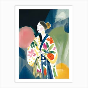 Girl With A Big Kimono And Flowers Watercolour Art Print