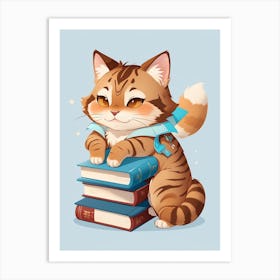 Cat Sitting On Books Art Print