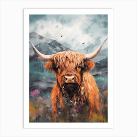 Cloudy Painting Style Of Highland Cow In Storm Art Print