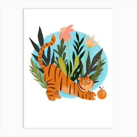 Cute Pouncing Tiger With Flowers Art Print