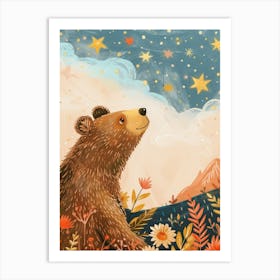 Brown Bear Looking At A Starry Sky Storybook Illustration 3 Art Print