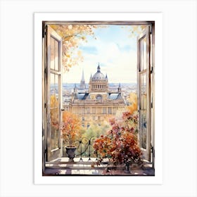 Window View Of Budapest Hungary In Autumn Fall, Watercolour 4 Art Print
