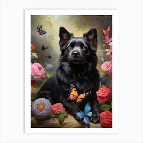 Black Dog With Butterflies Art Print