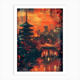 Tokyo At Night, Cityscape Collage Retro Art Print