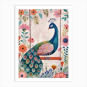 Folky Floral Peacock On A Swing 2 Art Print