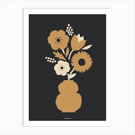 Minimal Gold and Black Poppy Tulip Flower Bouquet Print Dark Version Art Print