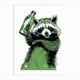 Green Raccoon With Bottle Art Print