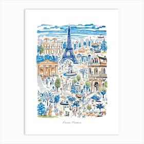 Paris France Eiffel Tower Illustration Line Art Travel Blue Art Print