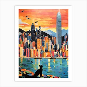 Hong Kong, China Skyline With A Cat 2 Art Print