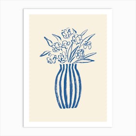 Stripes Flower Vase Floral Still Life Illustration - Blue Art Print