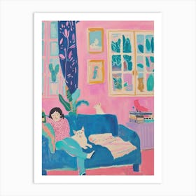 Girl In The Sofa With Pets Tv Lo Fi Kawaii Illustration 8 Art Print