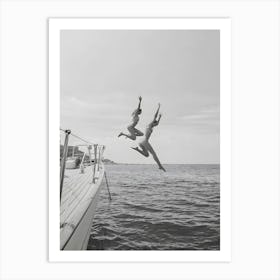 Black And White Ocean Jump Sail Boat Women Jumping Into Water Art Print