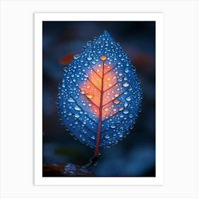 Blue Leaf With Water Droplets 13 Art Print