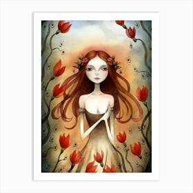 Girl With Red Roses Art Print