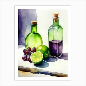 Lime and Grape near a bottle watercolor painting 16 Art Print