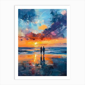 Couple Walking On The Beach At Sunset Art Print