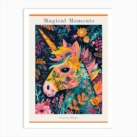 Floral Folky Unicorn Portrait Poster Art Print