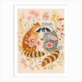 Folksy Floral Animal Drawing Racoon 3 Art Print