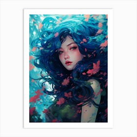 Blue Haired Girl in lush spring garden Art Print