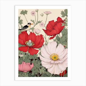 Japanese Anenome And Bird Vintage Japanese Botanical Art Print