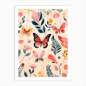 Seamless Pattern With Flowers And Butterflies Art Print