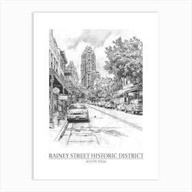 Rainey Street Historic District Austin Texas Black And White Drawing 1 Poster Art Print