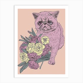 Cute Exotic Shorthair Cat With Flowers Illustration 2 Art Print