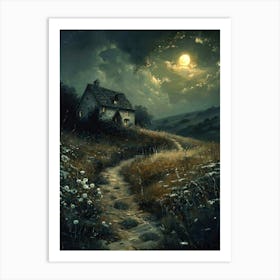 The Old Farmhouse on a Full Moon Art Print | Enchanting Dreamy Painting of Summer Countryside at Night for Feature Wall | Dreamy Countryside Living Art Print